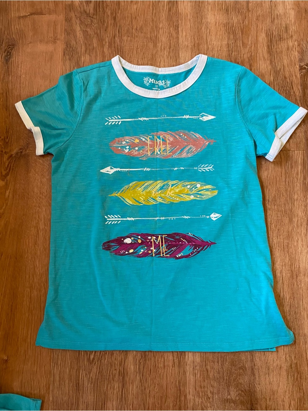 Mudd Turquoise Feather Graphic Ringer Tee